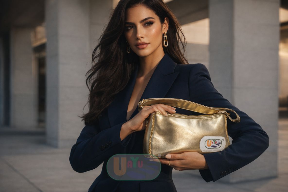 Modelo usando el bolso Lago de Chapala Edición Oro